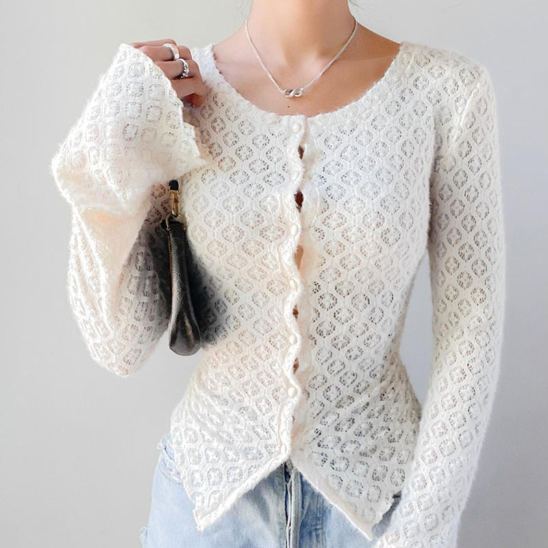 Fashion Slim Jacquard Lace Long Sleeve Cardigan Top