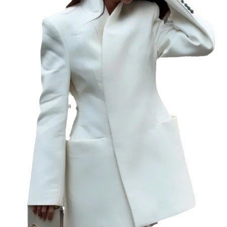 White Elegant Padded Shoulder Suit Jacket Women's Lapel