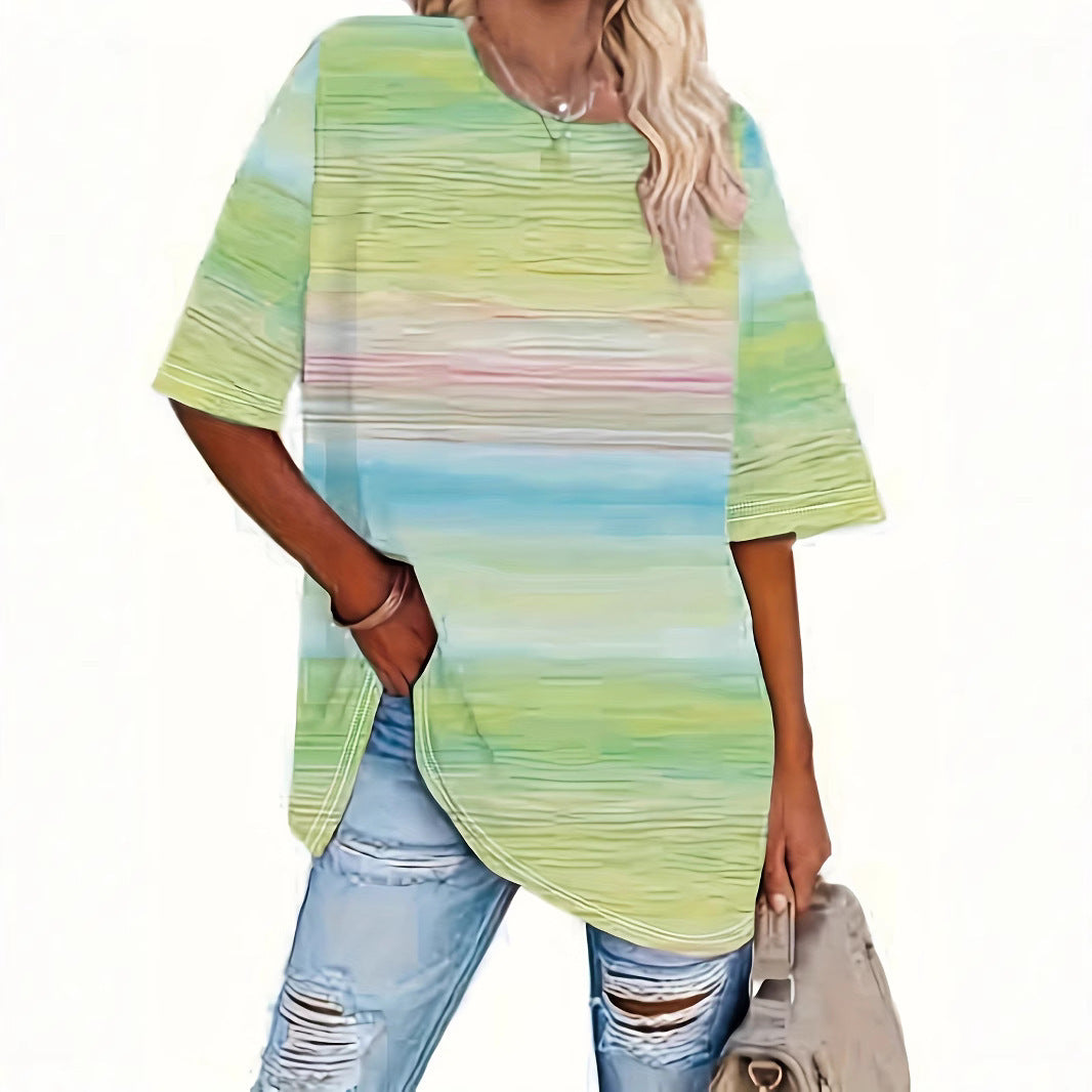 Round Neck Short Sleeve Gradient Print Loose Short Sleeve
