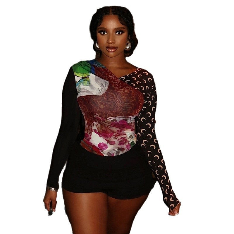 Fashion Women's Wear Printed V-neck Patchwork T-shirt