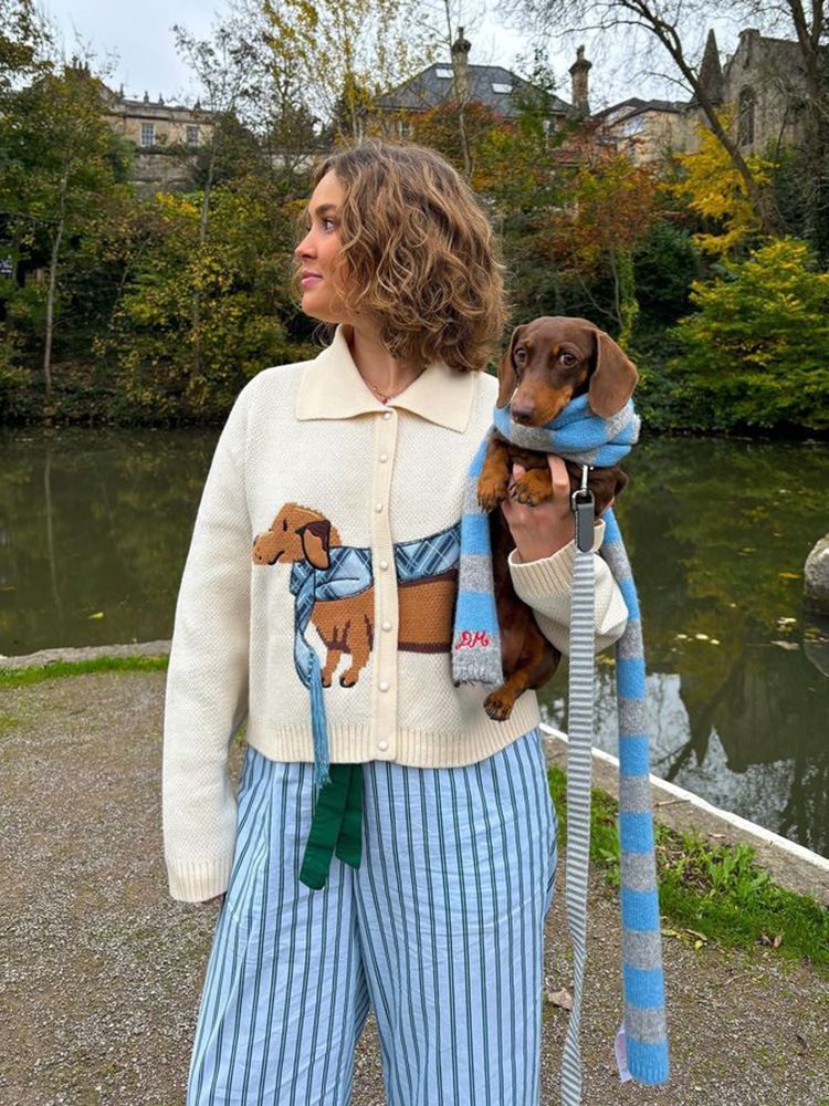 Women's Cute Short Lapels Puppy Sweater