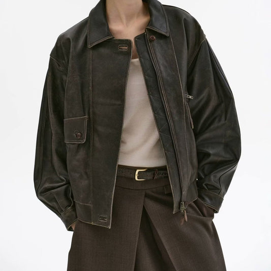 American Retro Asymmetric Colored Leather Distressed Casual Polo Collar Short PU Leather Jacket