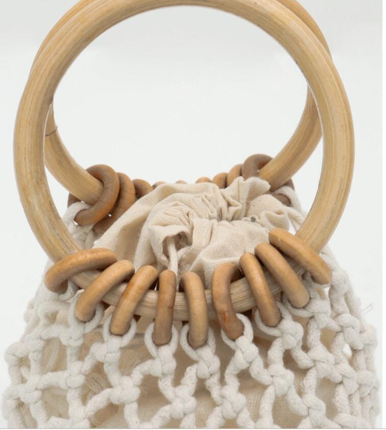 Woman Girl Fashion Woven Handbag Beach Style Wood Handle Drawstring Bucket Bag