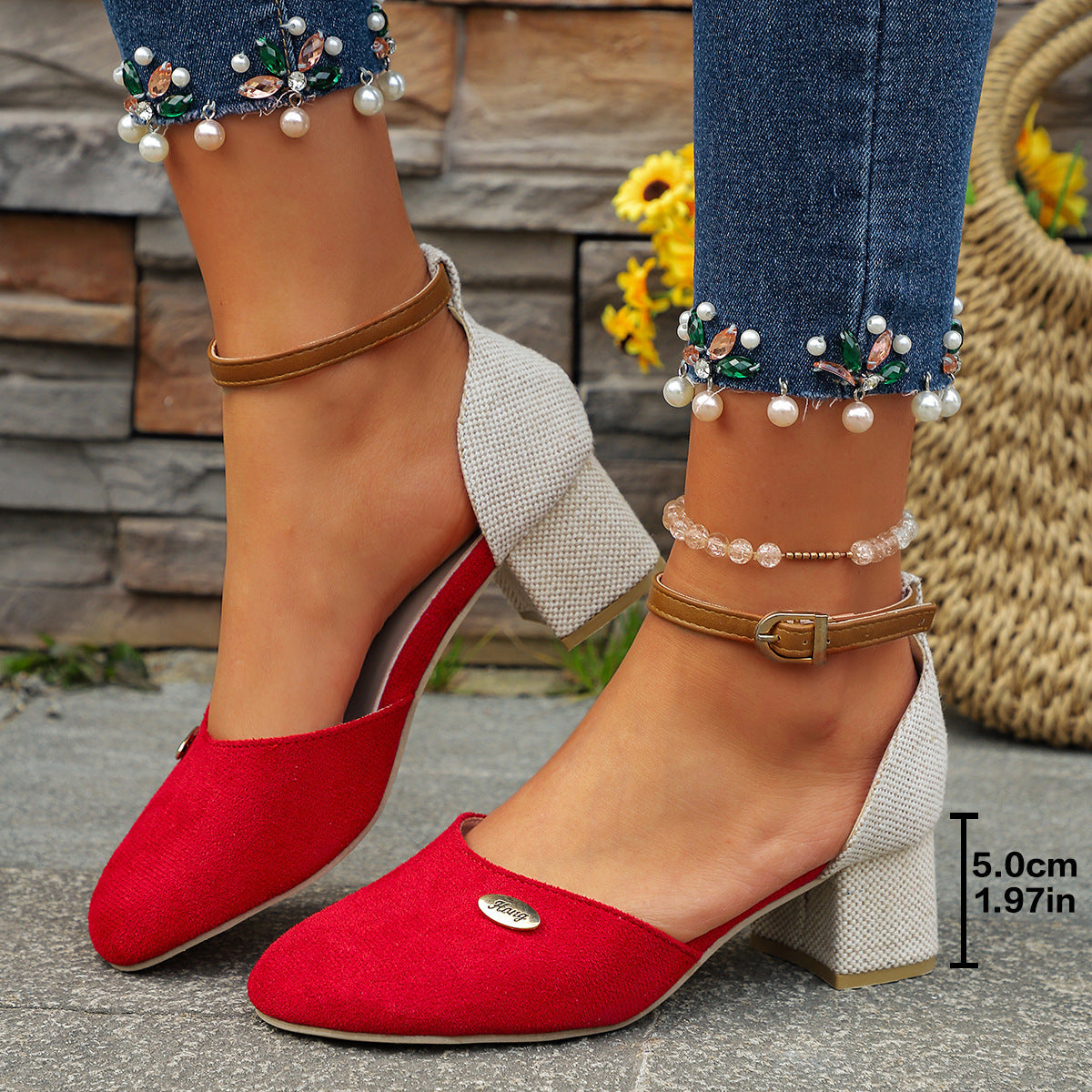 Plus Size Color Block Closed Toe Sandals Stylish And Lightweight Suede Buckle Women's Shoes