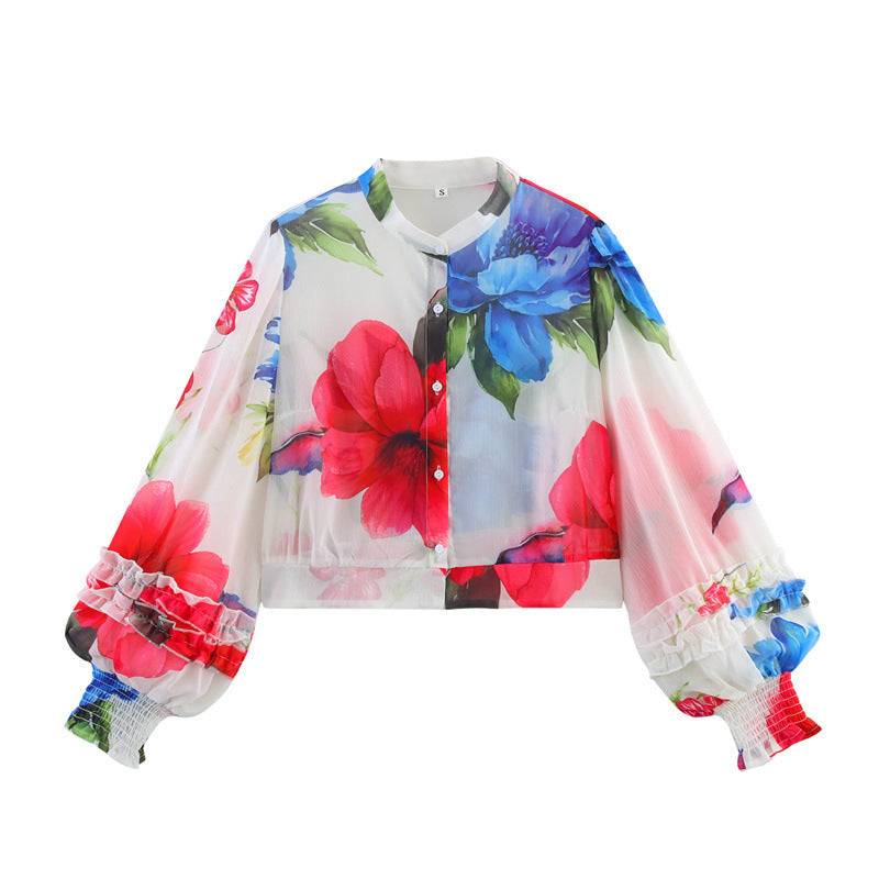 Wooden Ear Decorative Long Sleeve Chiffon Printed Shirt