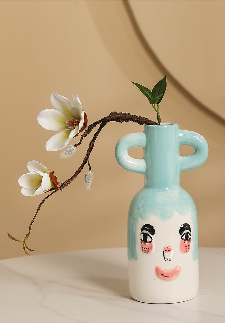 Striped Binaural Ceramic Vase Cute Smiling Face Decorative Decoration Pottery Pot