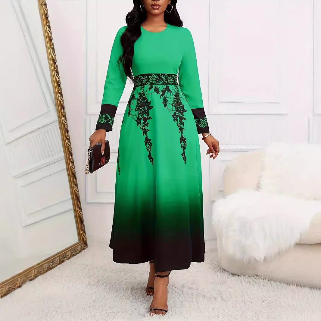 Women's Long Sleeve High Waist Print Gradient Large Swing Dress