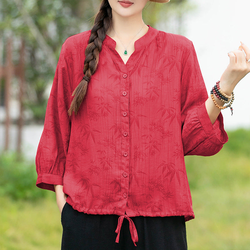 Multi-Color V-neck Pleated Loose Short Sleeve Shirt