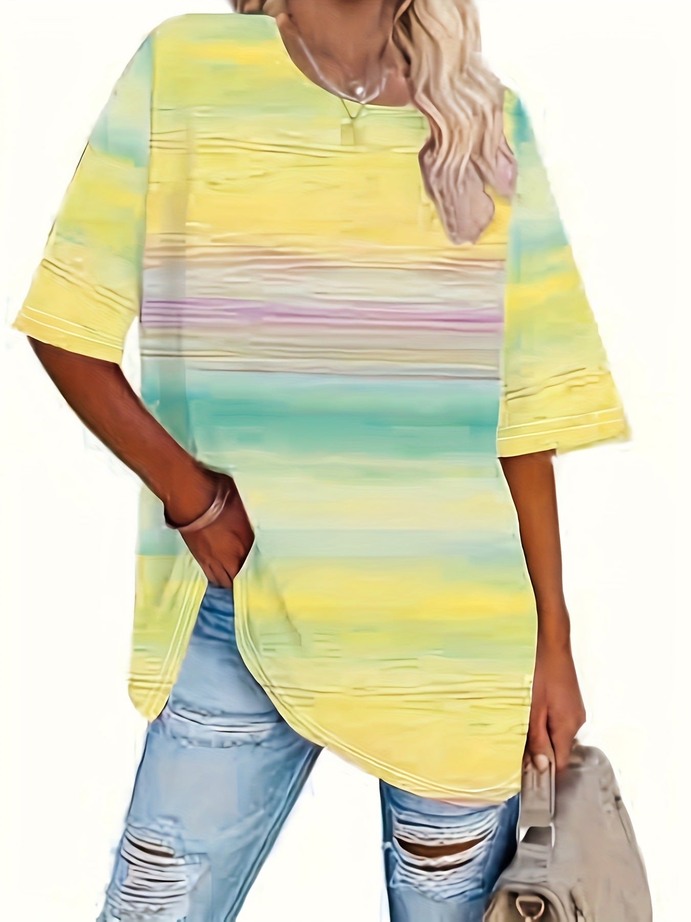 Round Neck Short Sleeve Gradient Print Loose Short Sleeve