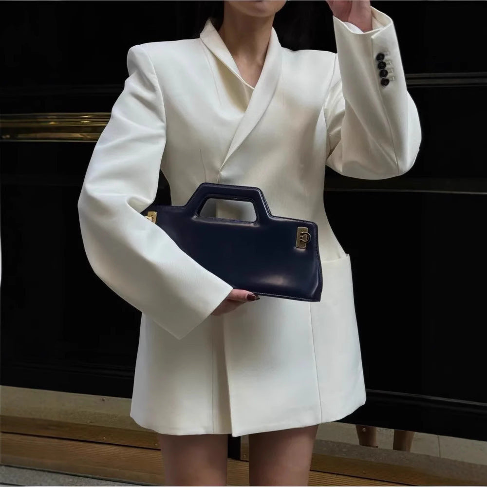 White Elegant Padded Shoulder Suit Jacket Women's Lapel