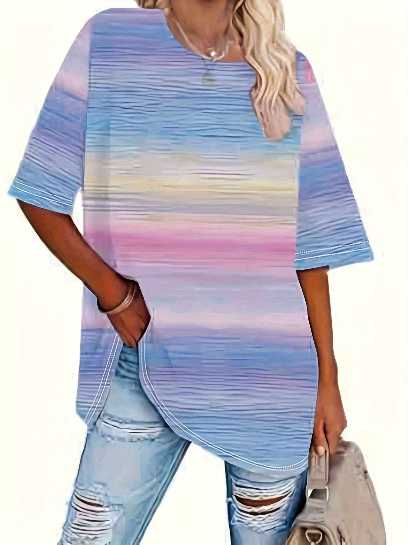 Round Neck Short Sleeve Gradient Print Loose Short Sleeve
