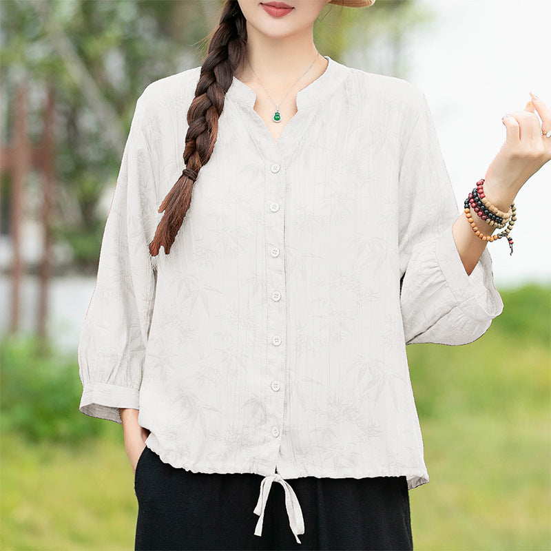 Multi-Color V-neck Pleated Loose Short Sleeve Shirt