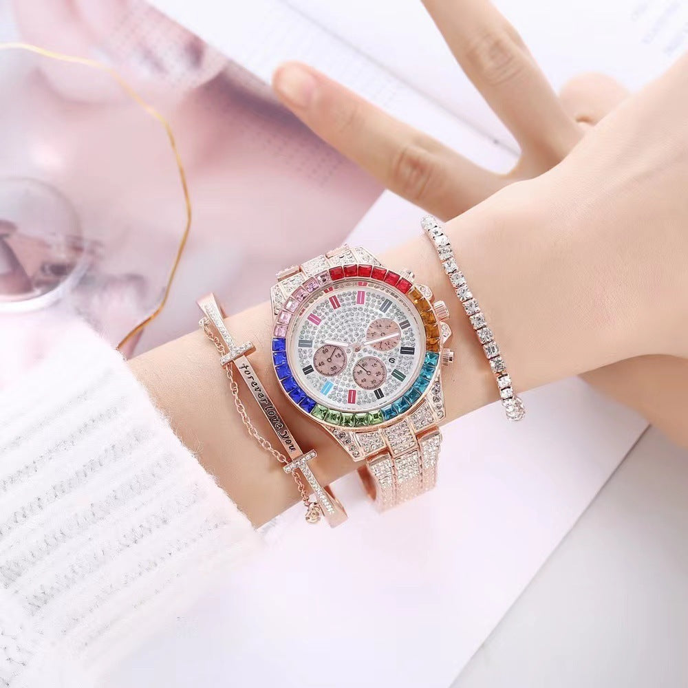 Fake Three-Eye Diamond Colorful Crystals Steel Belt Bracelet Bracelet Three-piece Set