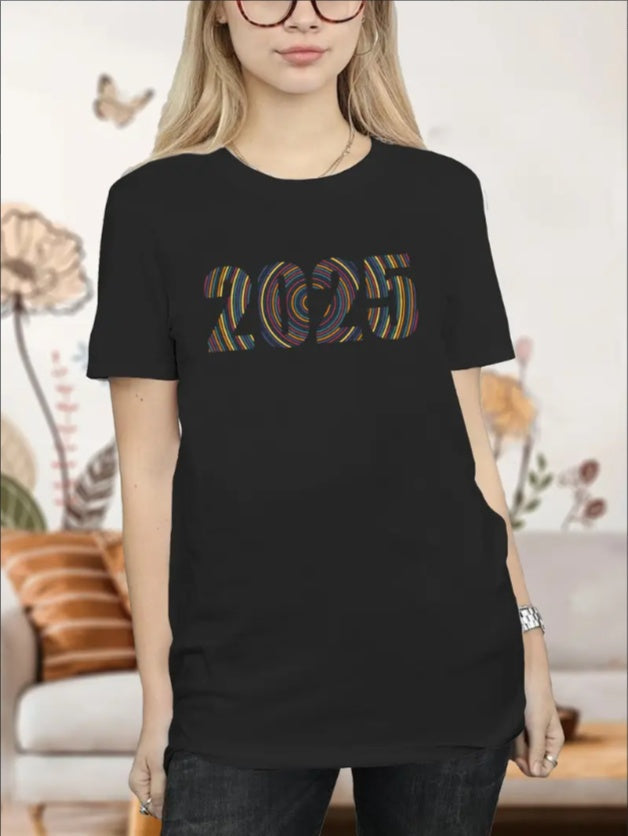 Women'S 2025 New Year Creative Print T-Shirt, Crew Neck, Knit Fabric,  Regular Fit, Sports Style, Summer Top