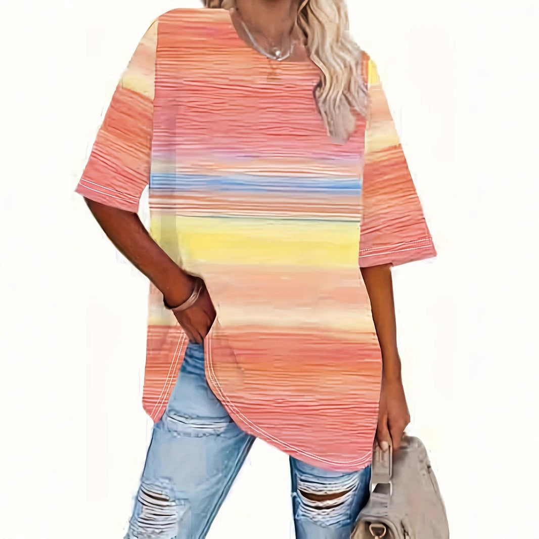 Round Neck Short Sleeve Gradient Print Loose Short Sleeve