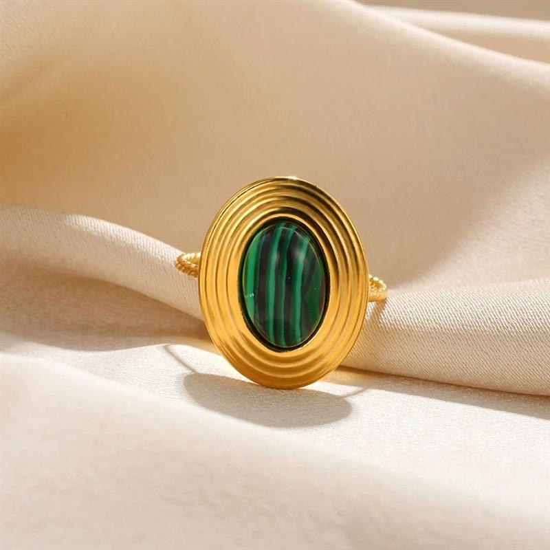 Stainless Steel Green Natural Stone Ring For Women Vintage