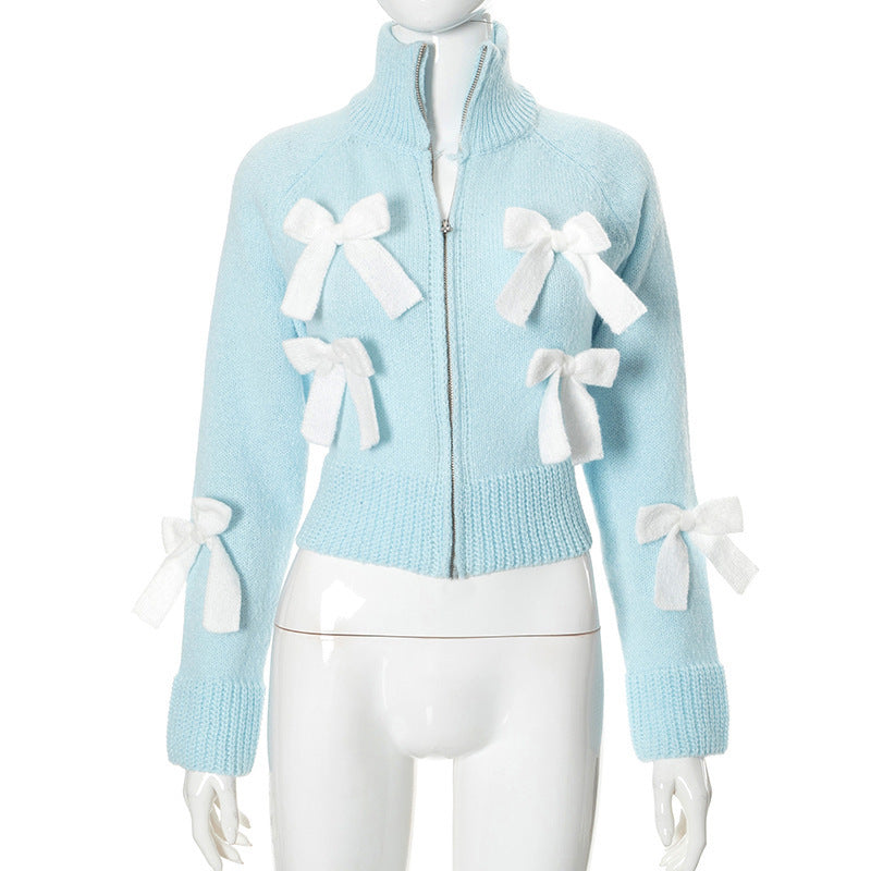 Women's Bow Zipped Stand Collar Long Sleeve Sweater