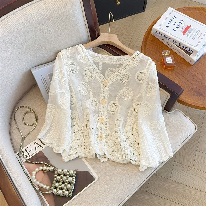 French Crochet Hollowed-out V-neck Lace Sweater