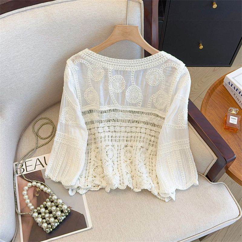 French Crochet Hollowed-out V-neck Lace Sweater