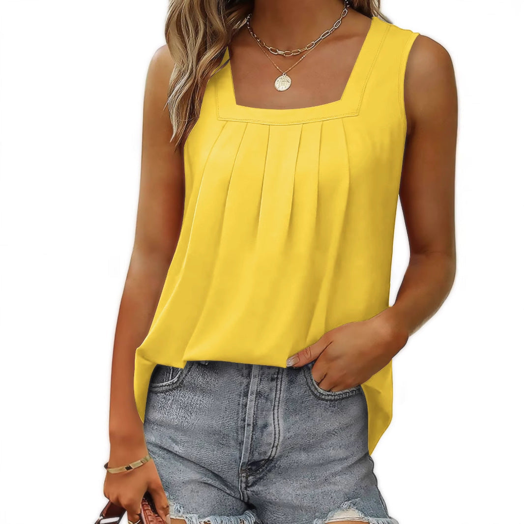 Women's Summer Pleated Square Collar Halter Loose Casual Print Sleeveless Vest