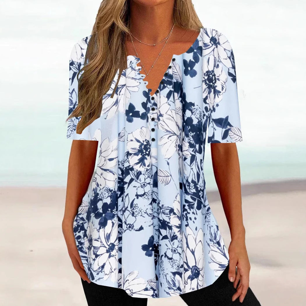 Digital Printing Women's Loose And Comfortable Single-breasted Short Sleeve