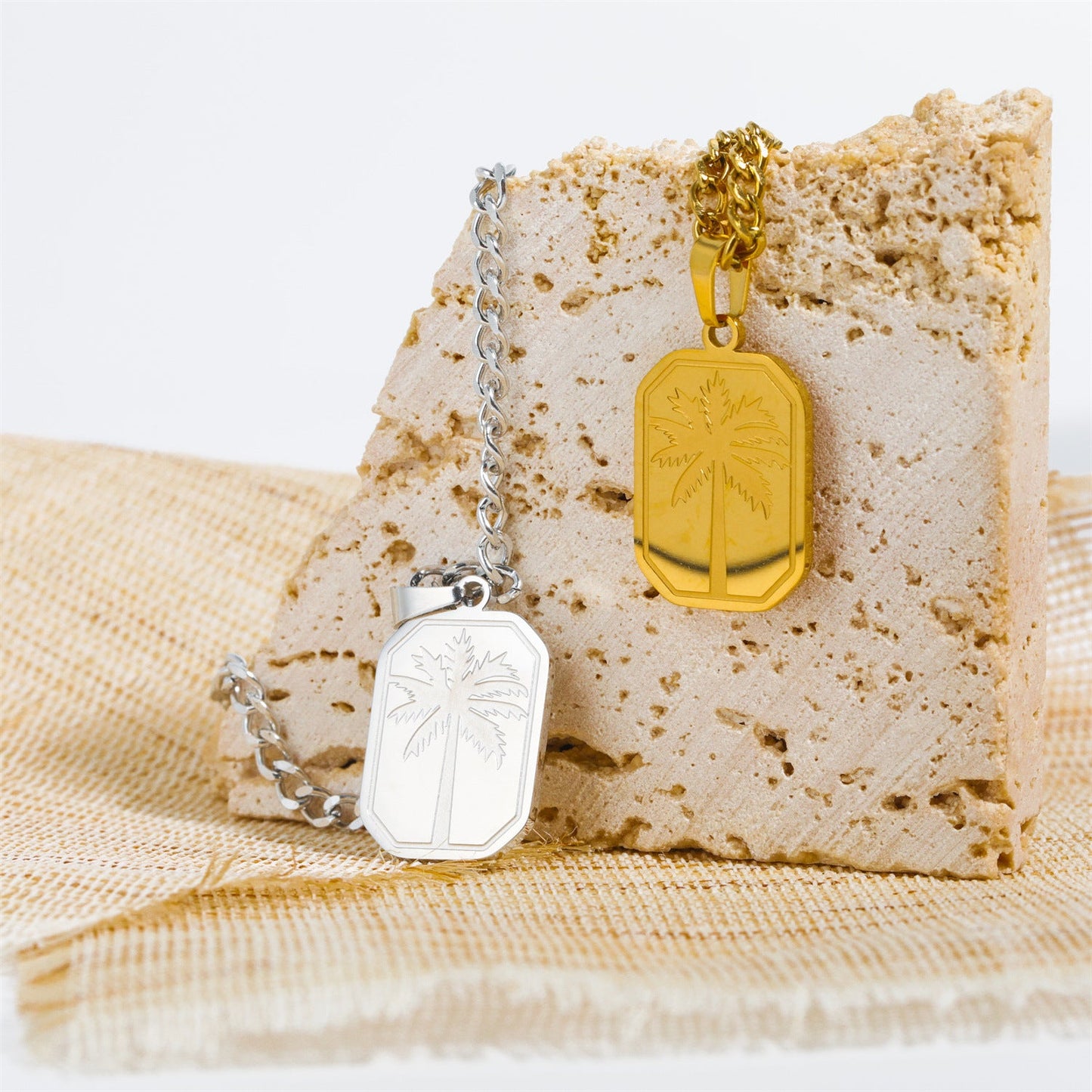 Stainless Steel Palm Leaf Square Pendant Necklace Trendy Sweater Chain