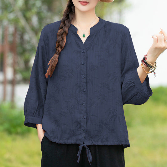 Multi-Color V-neck Pleated Loose Short Sleeve Shirt