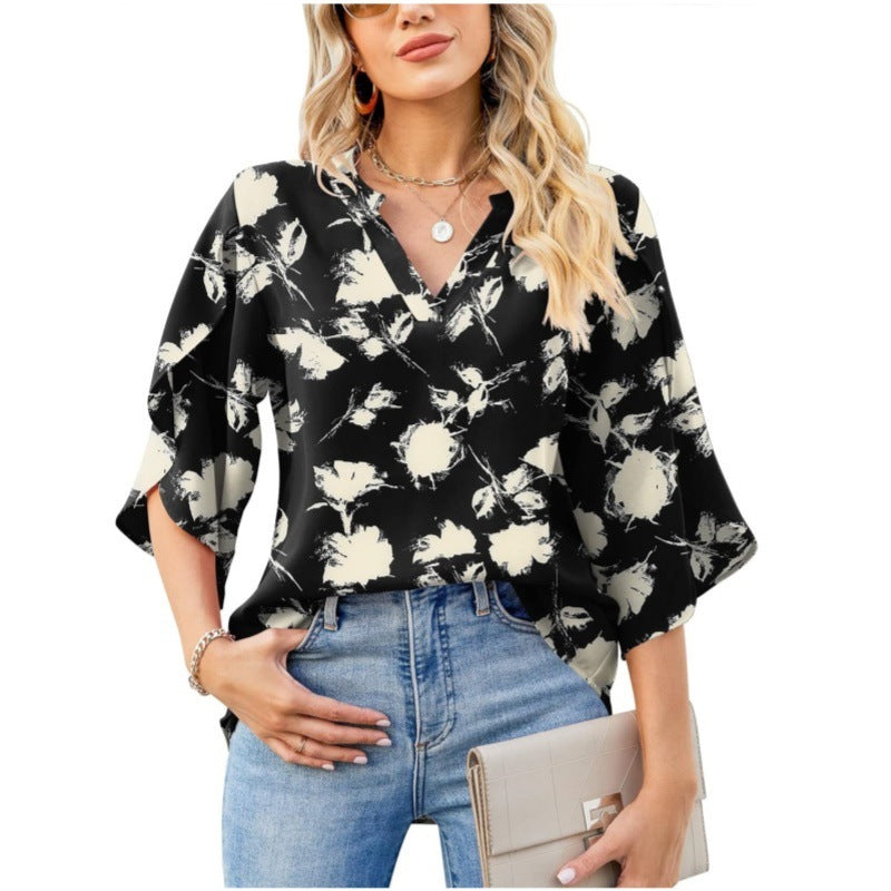 Summer And Autumn New Women's Top Loose V-neck Petal Sleeve Chiffon Printed Women's Shirt