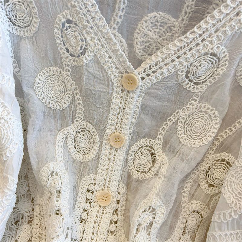 French Crochet Hollowed-out V-neck Lace Sweater