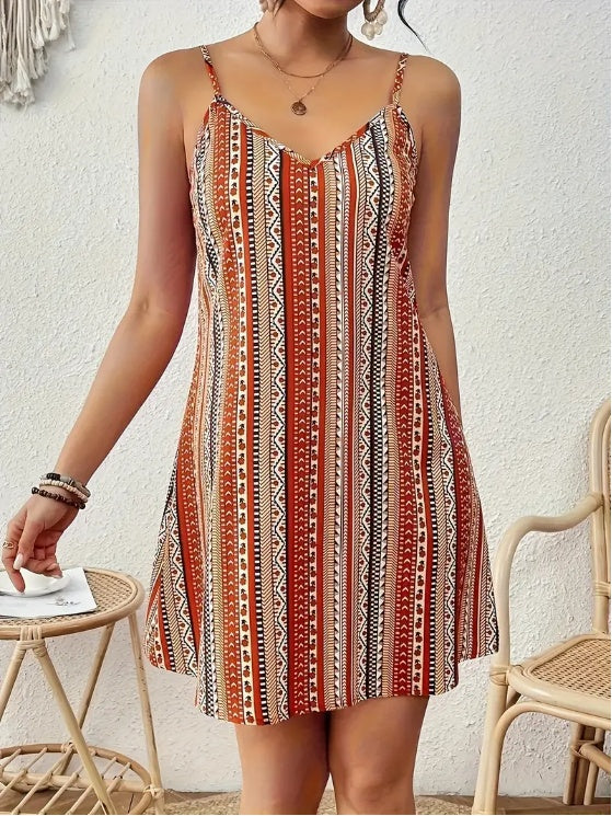 Women's Paisley Print Spaghetti Suspender Dress - Machine Washable, Non-Sheer For Spring Autumn, Spaghetti Strap Top