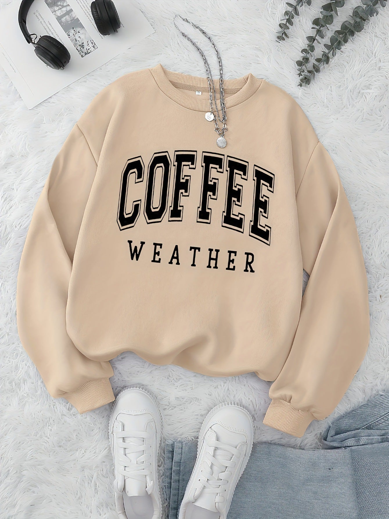 Brown Letters Printed Autumn Leisure Long Sleeve Round Neck Pullover Sweater Women