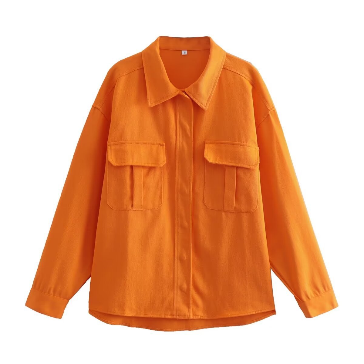 Oversized Loose Orange Imitation Denim Single-breasted Large Pocket Long Sleeve Women's Shirt