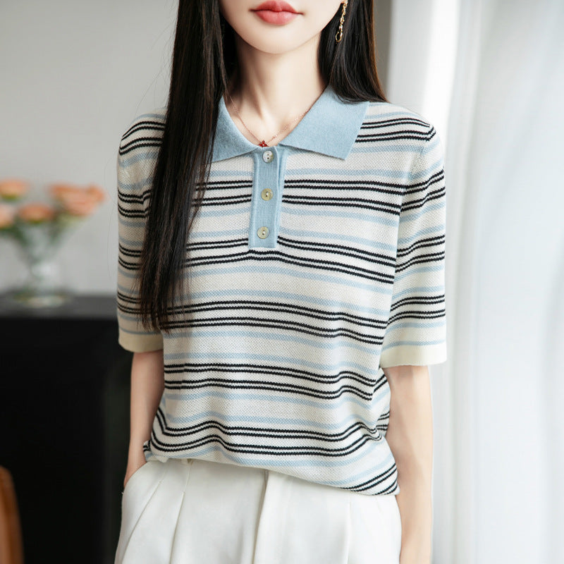 Worsted Wool Lapel Knitwear Short Sleeve