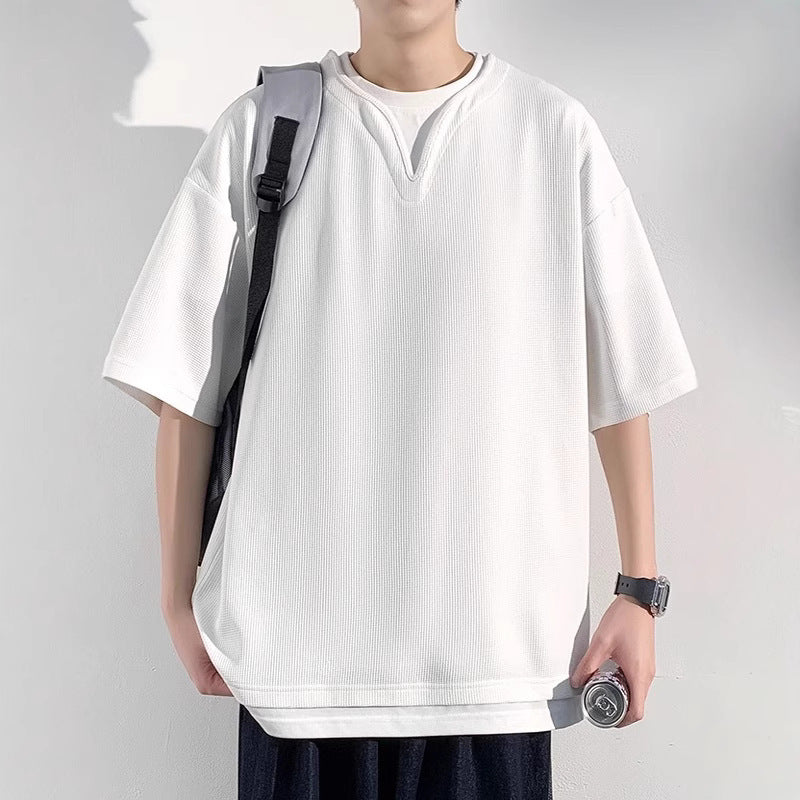 Henry Collar Fake Two Pieces Short Sleeve T-shirt Trendy Men Summer