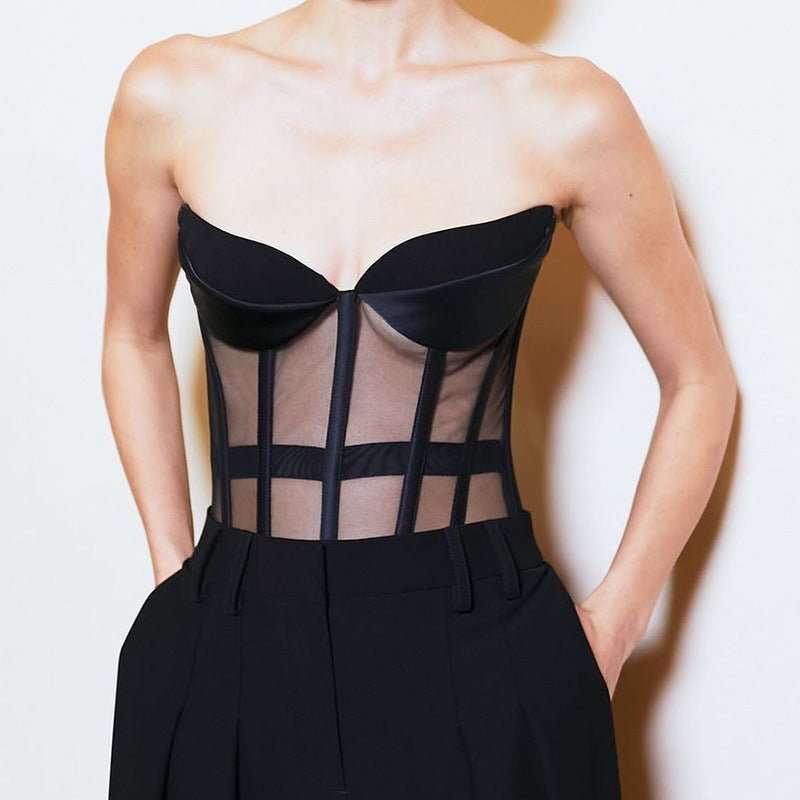 Bottoming Tube Top Mesh Fishbone Slim Fit Off Shoulder Jumpsuit