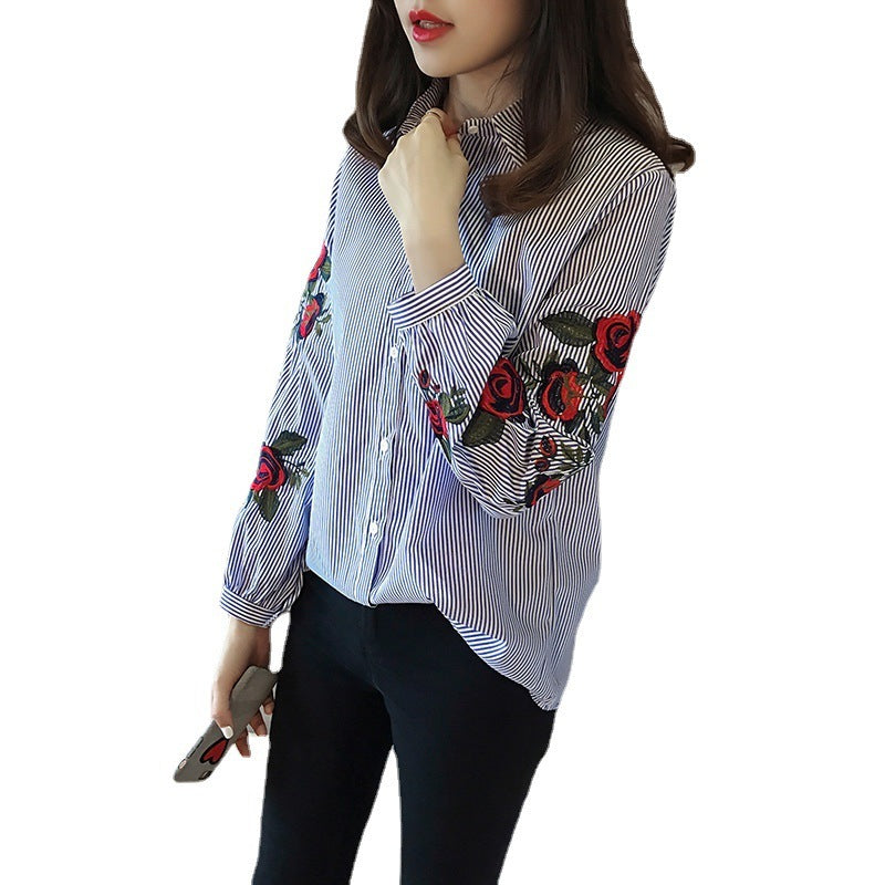Striped Shirt Women's Long Sleeve Loose Flower Embroidered French Top