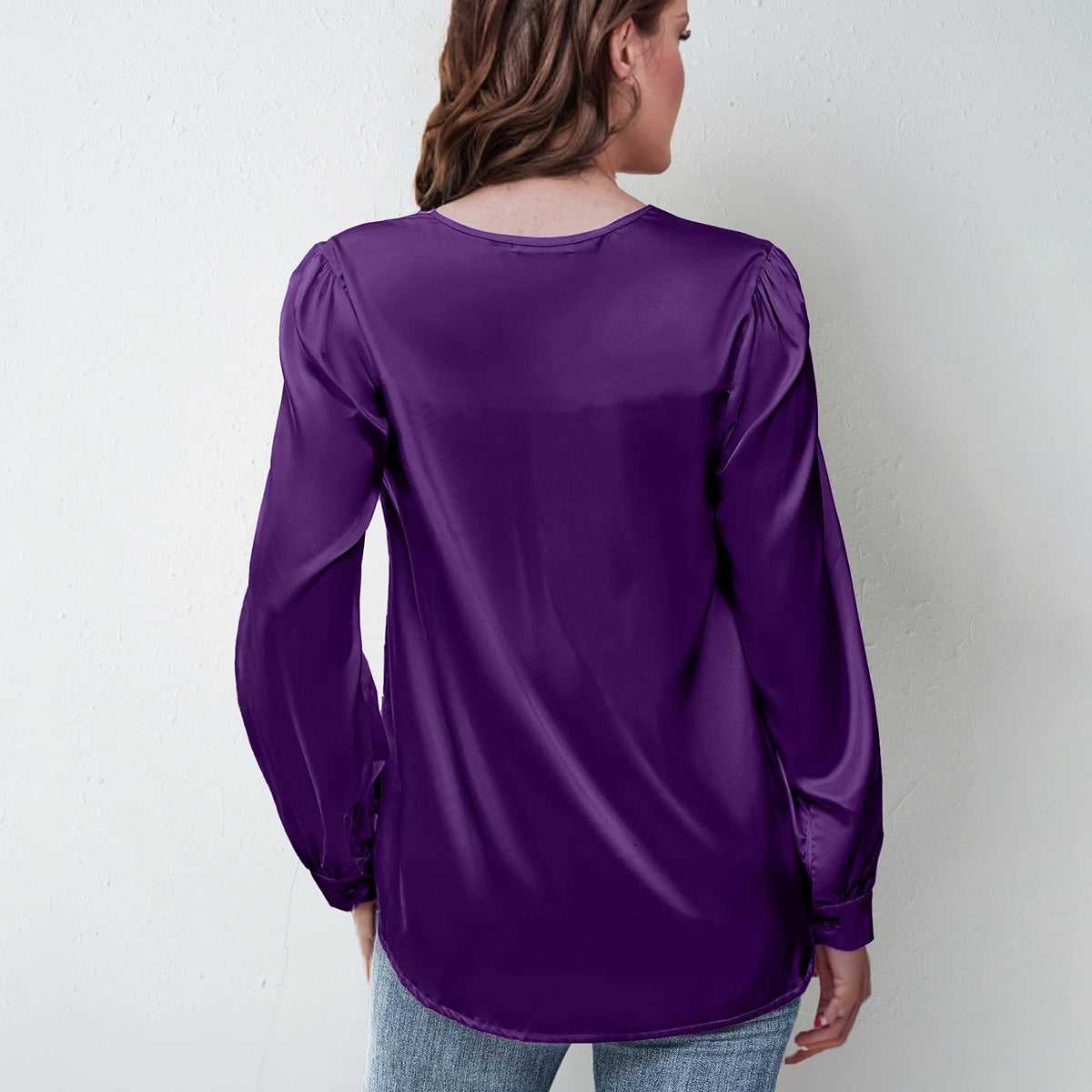 Satin Pleated Long-sleeved Top V-neck Casual Loose Shirt