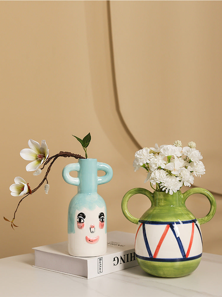 Striped Binaural Ceramic Vase Cute Smiling Face Decorative Decoration Pottery Pot