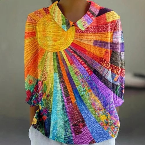 Women's Flower Digital Printed 34 Sleeves Shirt Top T-shirt Batch