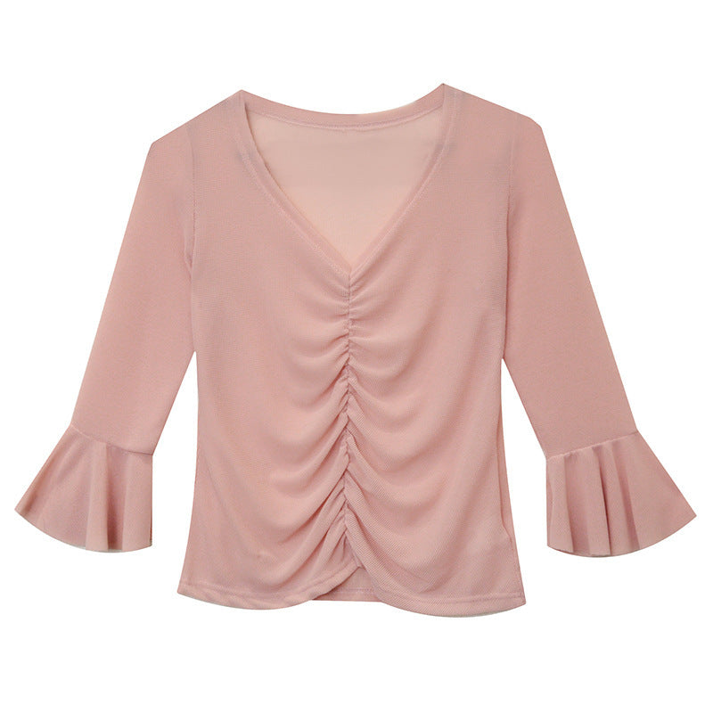 Korean Style Fashionable Printed Ruffle Sleeve Wrinkle-closing Slim Fit Small Shirt Top