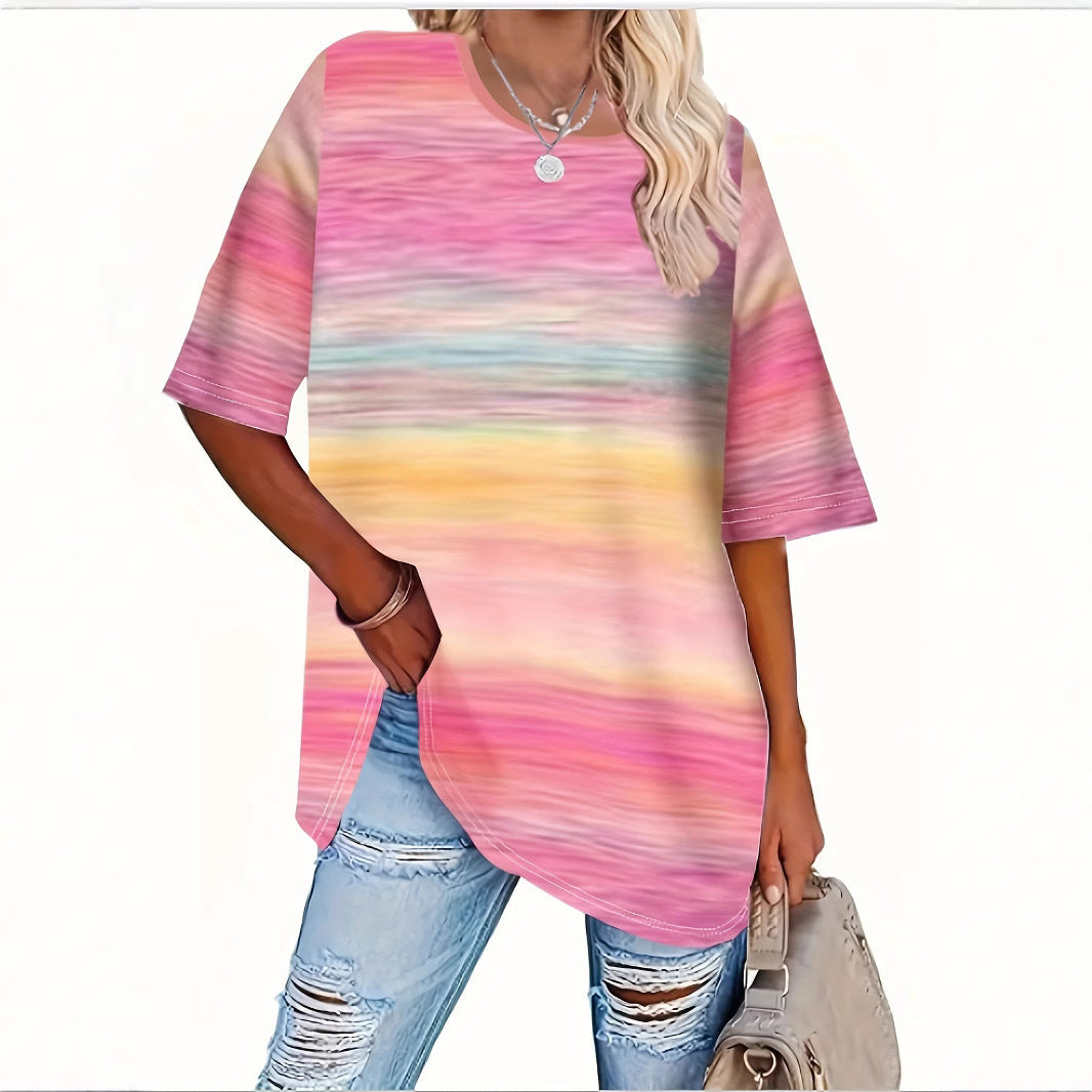 Round Neck Short Sleeve Gradient Print Loose Short Sleeve