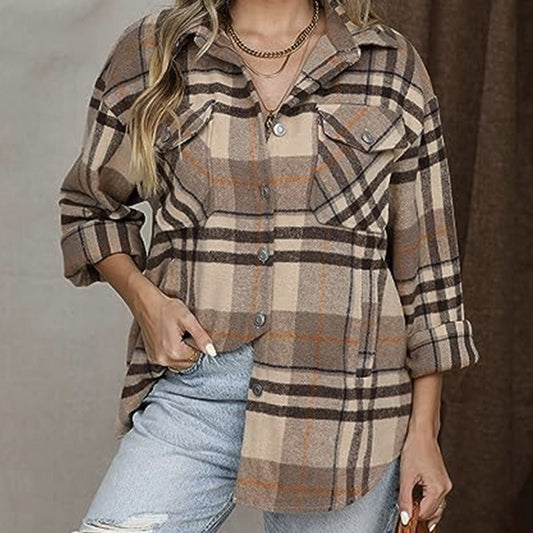 Ladies' Casual Plaid Lapel Button Long Sleeved Jacket, Winter Loose Shirt