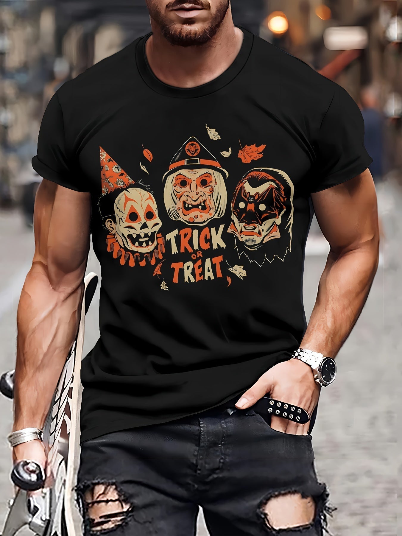 Men's Skull Pattern Printed T-shirt, Casual Short Sleeve Round Neck T-shirt, Men's Summer Outdoor Clothing