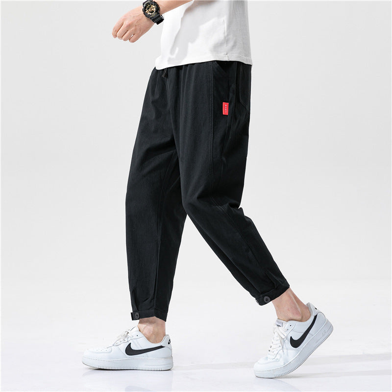 Men's Straight Casual Loose Cotton And Linen Cropped Pants