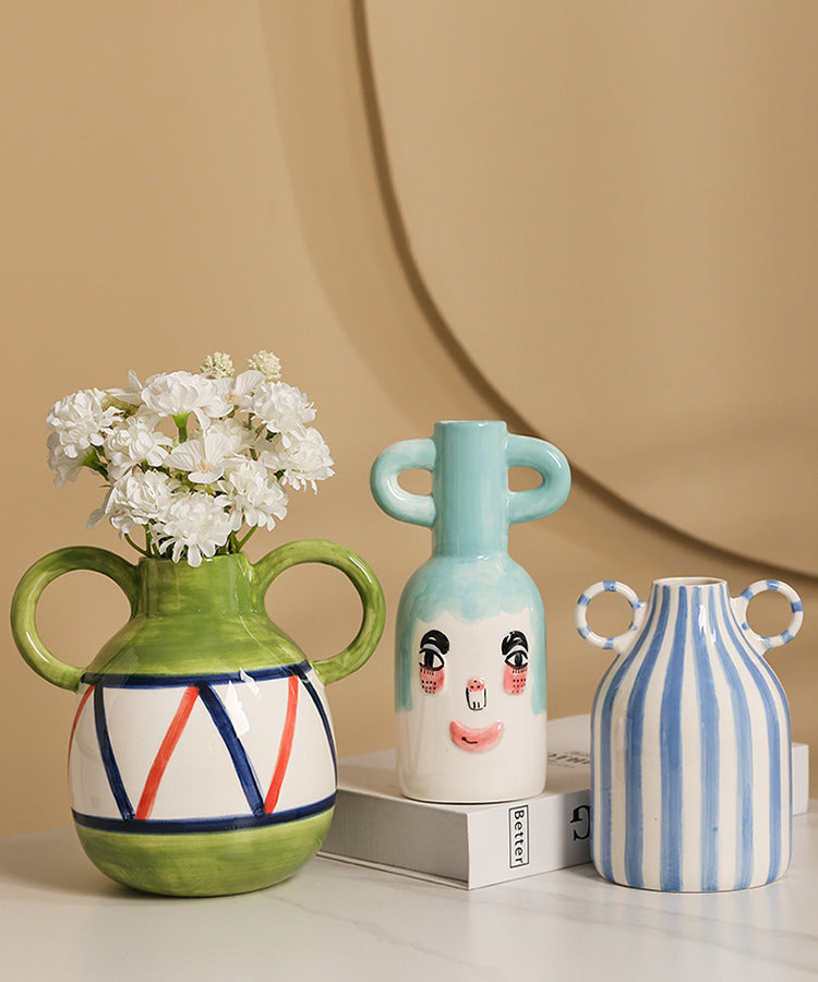 Striped Binaural Ceramic Vase Cute Smiling Face Decorative Decoration Pottery Pot