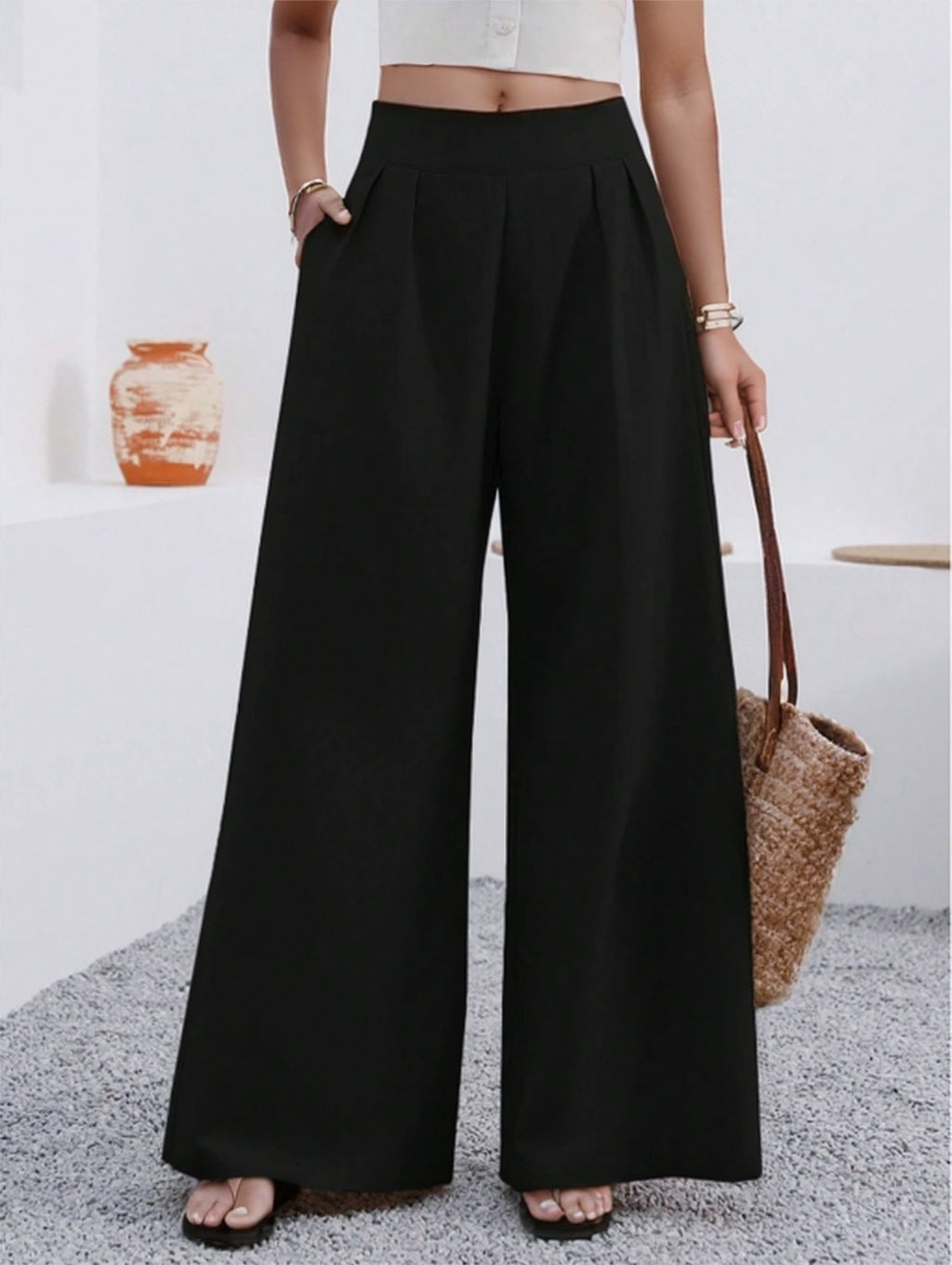 Solid Color Loose Wide Leg Elegant Pants With Pocket