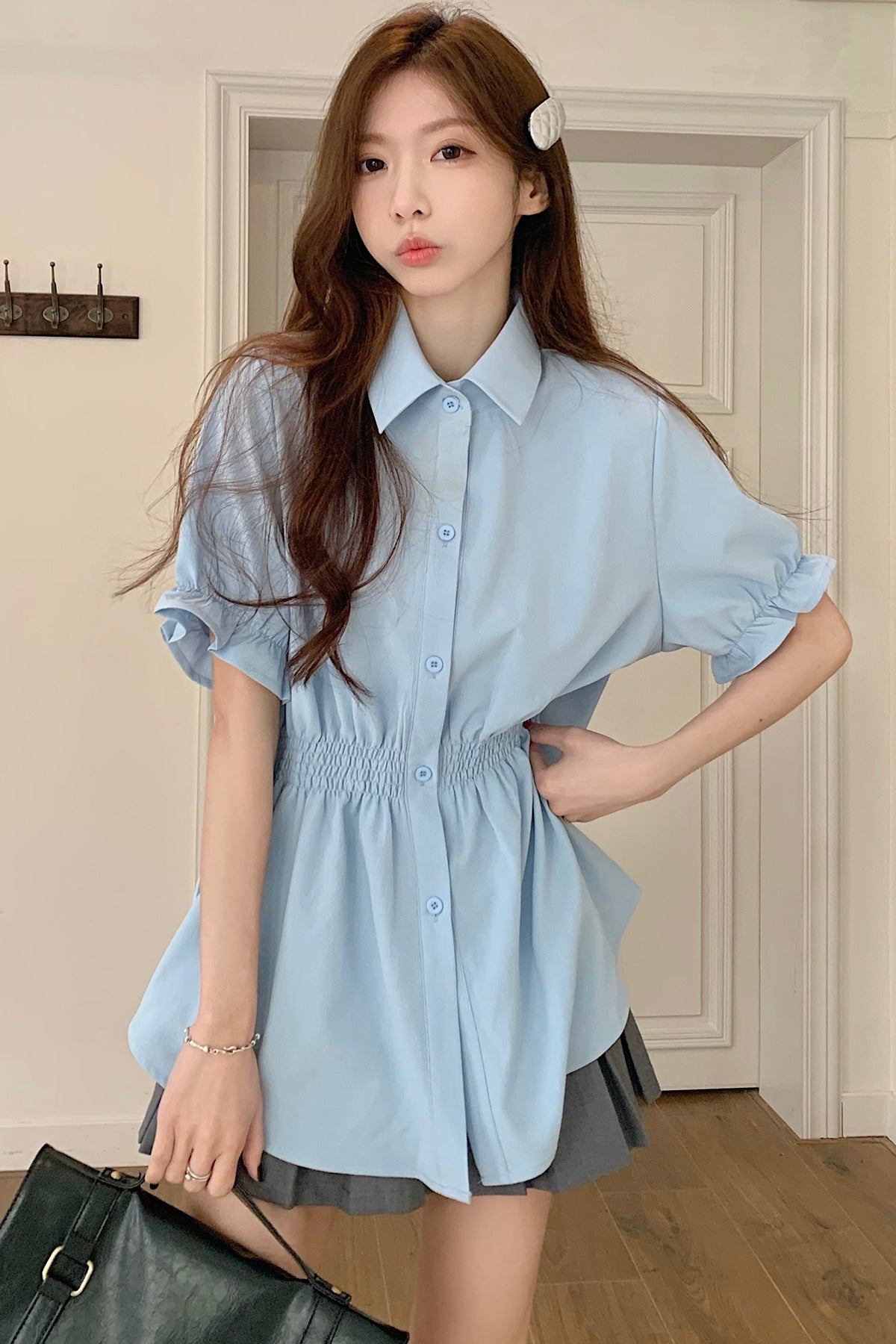 New Korean Style Fashion Waist-controlled Belly Covering Western Style Shirt Women