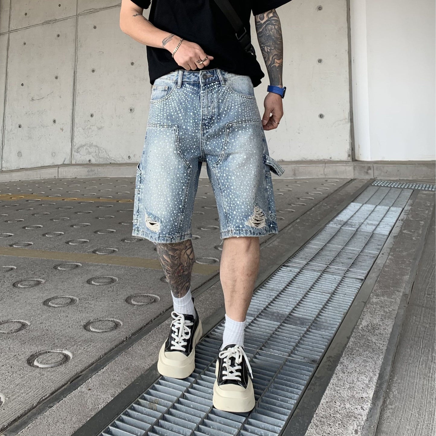 Men's Gradient Full Diamond Denim Shorts
